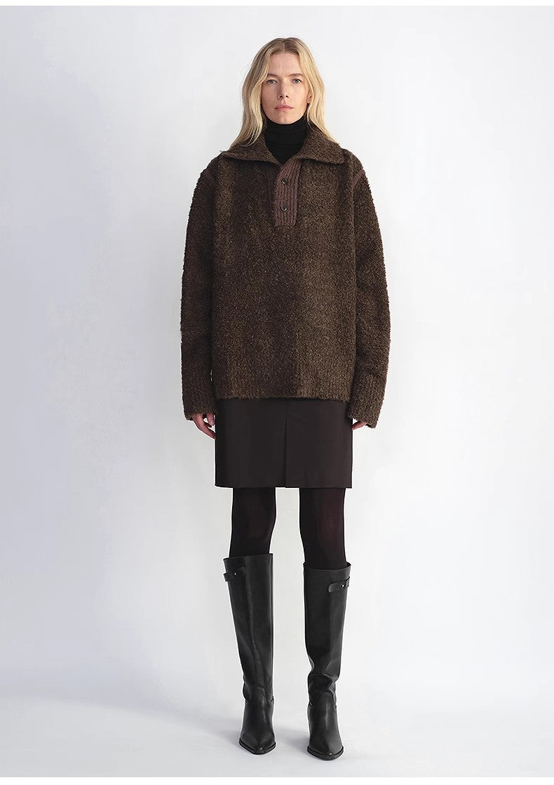 Alpaca Wool Blended Bouclé Yarn Spliced POLO Shirt Lazy and Relaxed Sweater