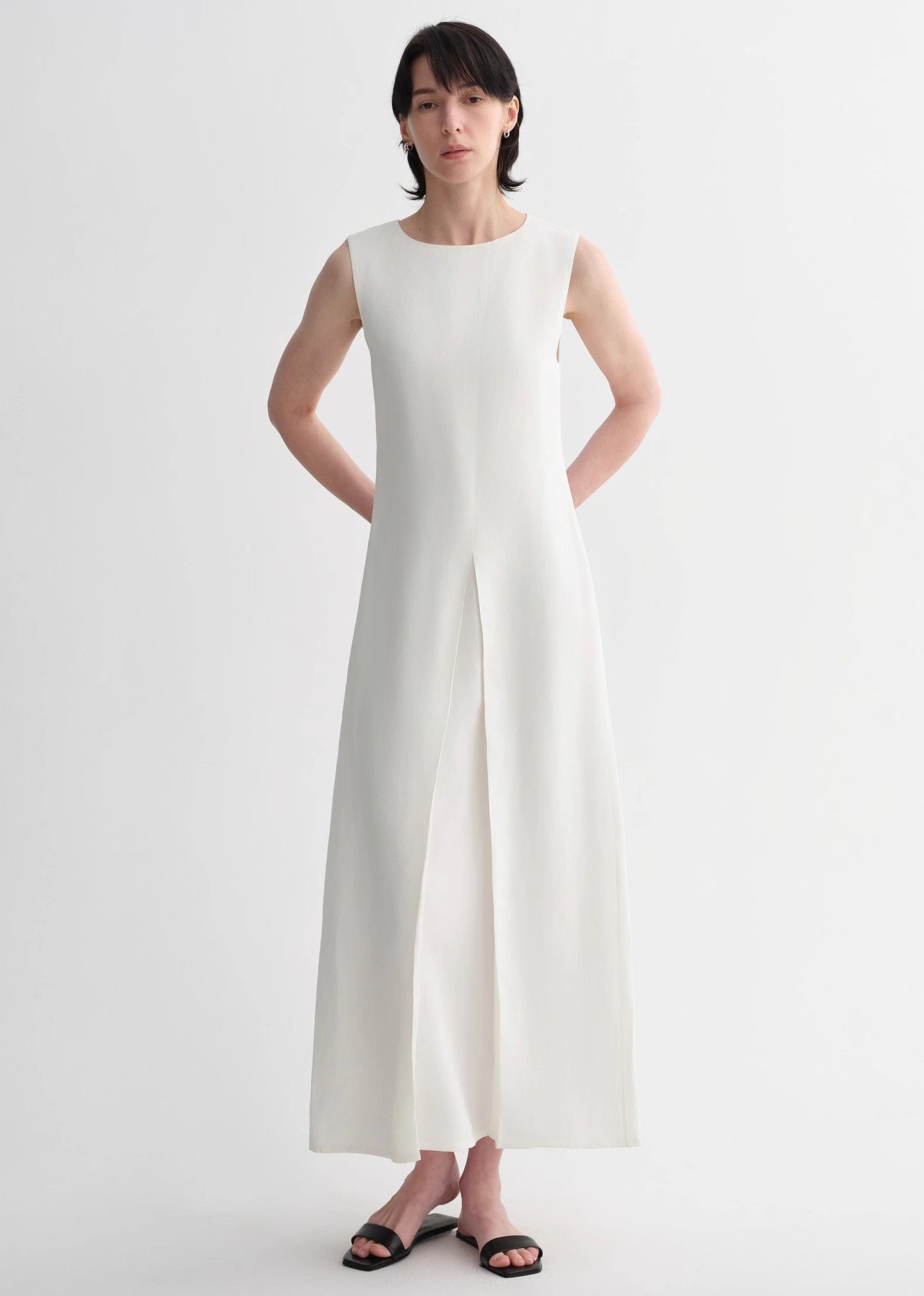 Mulberry Silk Sleeveless Round Neck Oblique Pleated A-Line White Dress